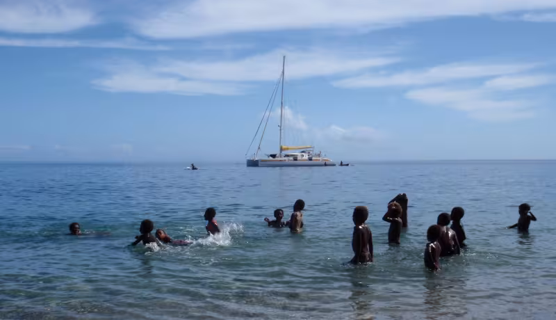 Jangada anchored in Rangusuksu, Wali Bay, Pentecost Island, Vanuatu…