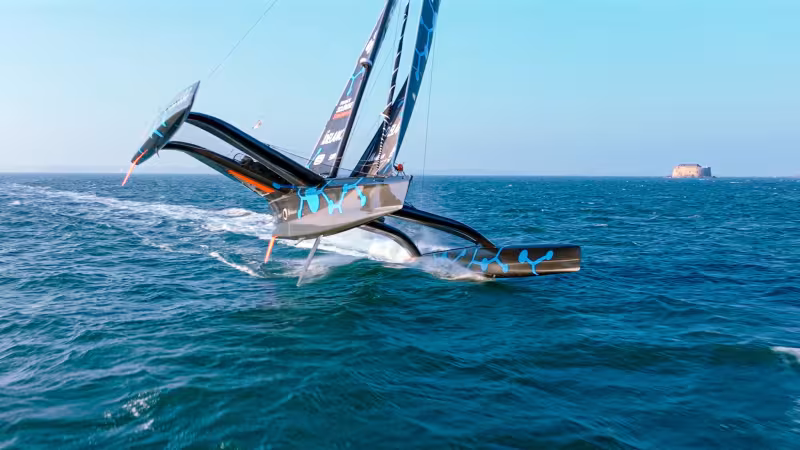 Upwind, slightly luffing prevents the windward float from lifting too much, while the  small C-shaped foil on the leeward side  manages to lift the trimaran slightly,  relieving the pressure on the rig.