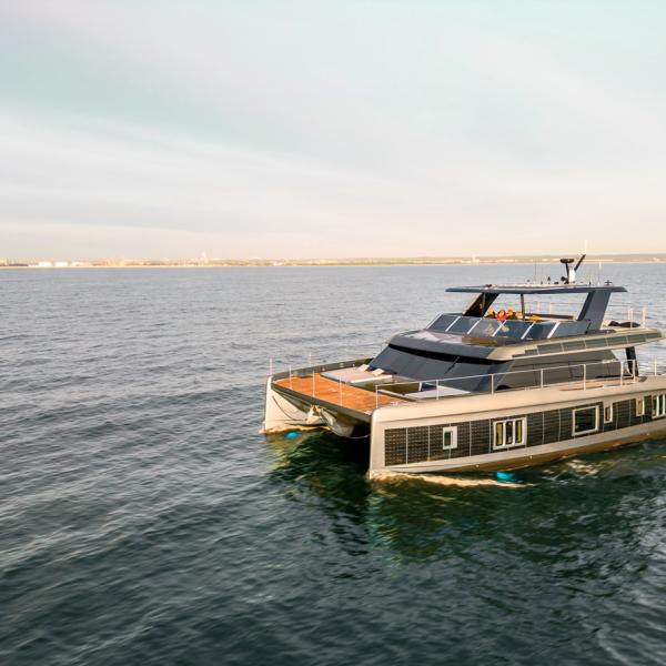 The 60 Sunreef Power Eco can be fitted with solar panels on all surfaces - except the deck - giving a total of 24 kWp.