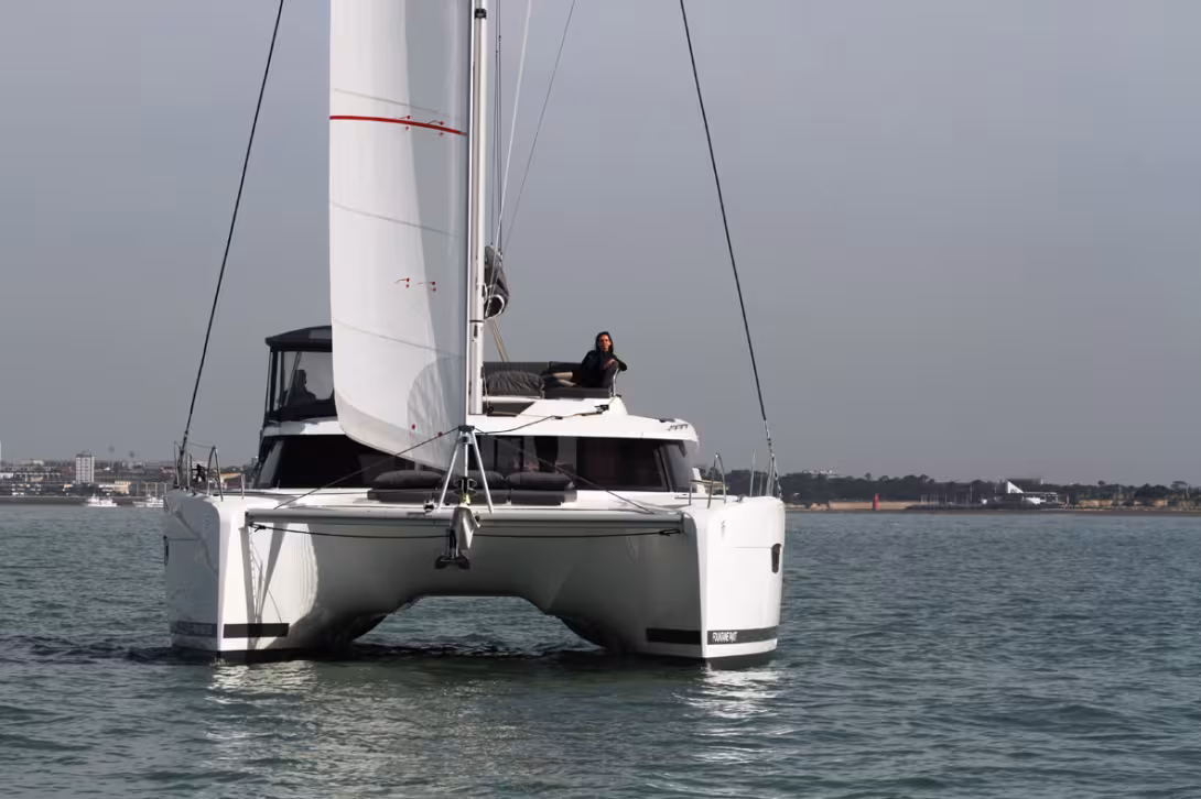 This forward view shows the compromise between the fineness of the hulls, the bridgedeck clearance and the internal volume -  a job skillfully done by Berret/Racoupeau Yacht Design.