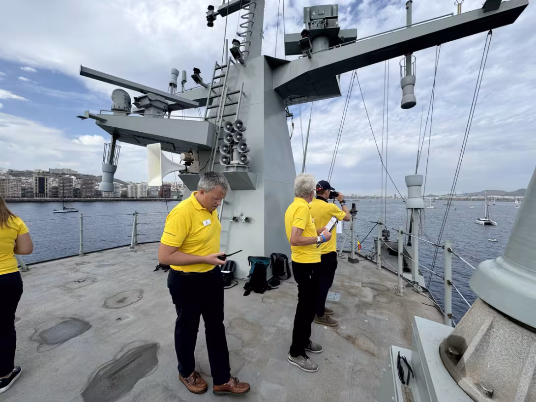 The ARC team oversaw the start from the upper deck of a Spanish military vessel.