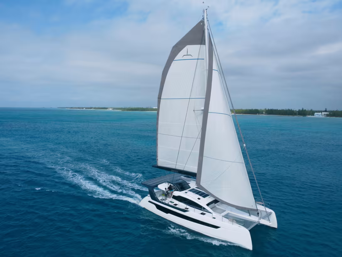 The Xquisite 60 Solar Sail is an elegant catamaran with modern lines and great performance  under sail.