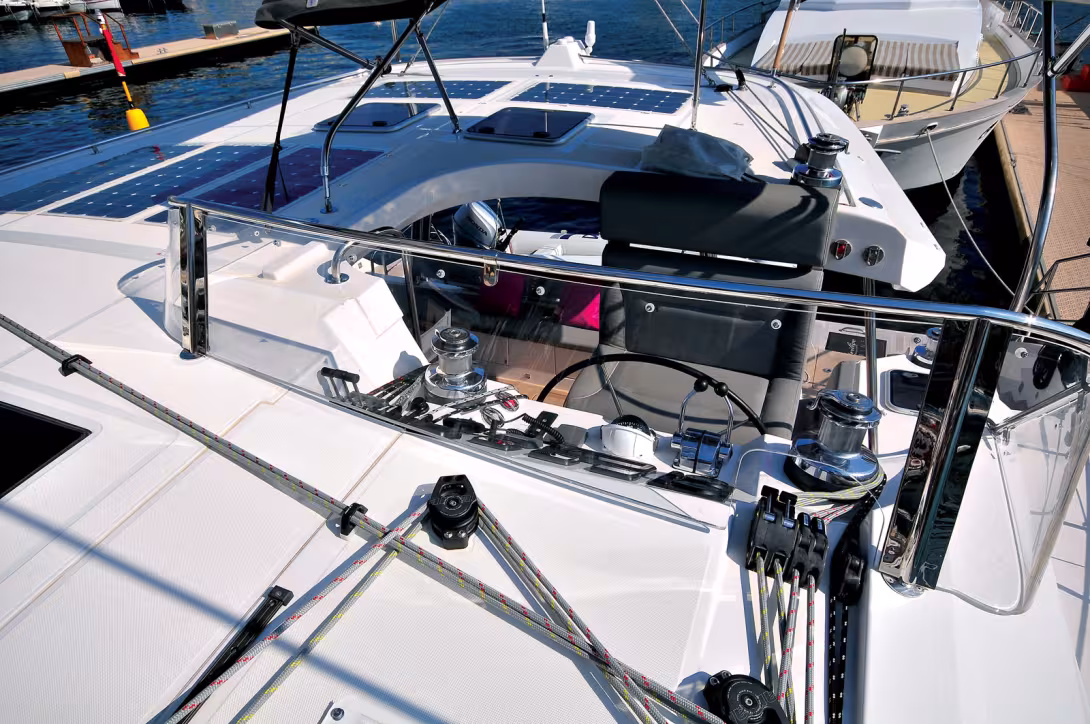 The helm station brings together all the sail controls with electric winches.
