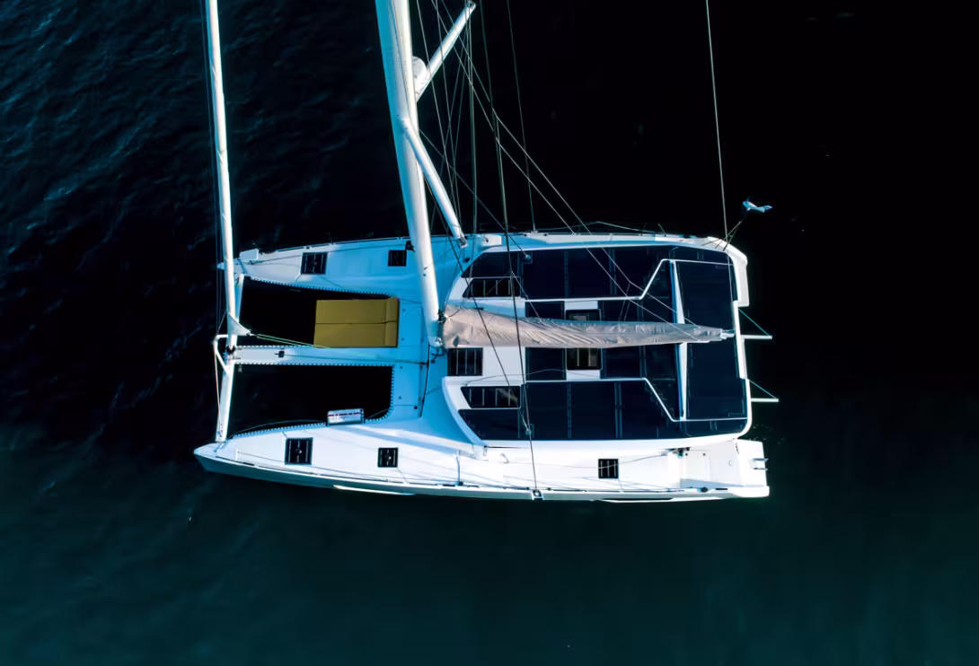 The deck layout of the  New Windelo 54 takes advantage of its extended coachroof to provide  more space for solar panels.