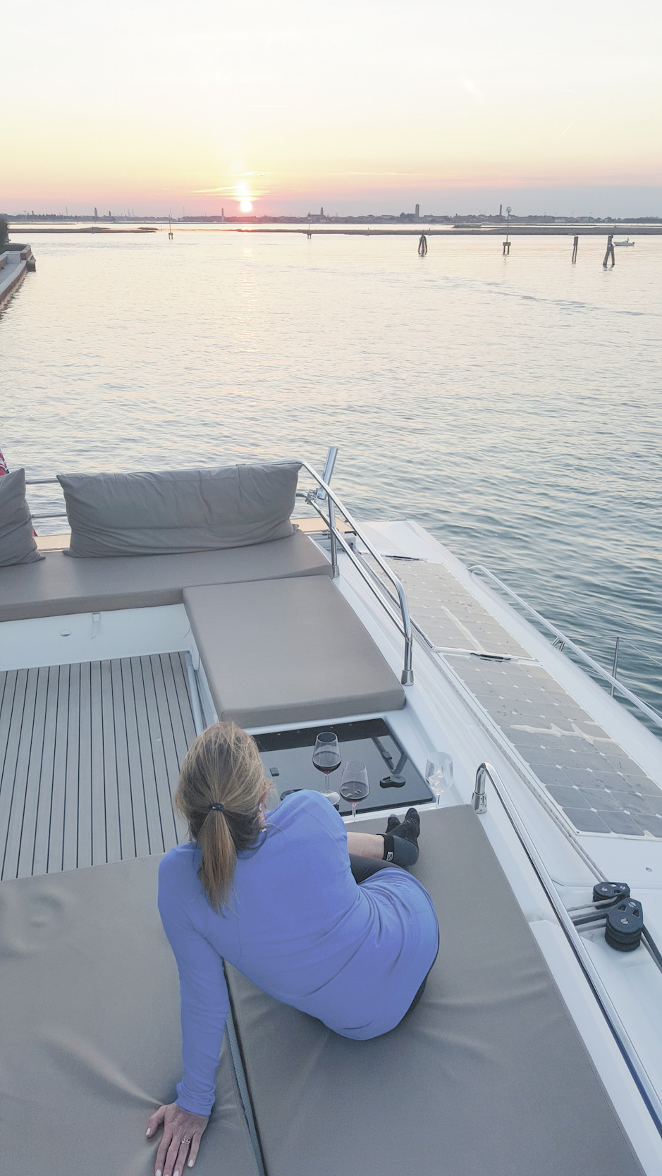 Sunset over Venice and yet the catamaran is alone in the anchorage…