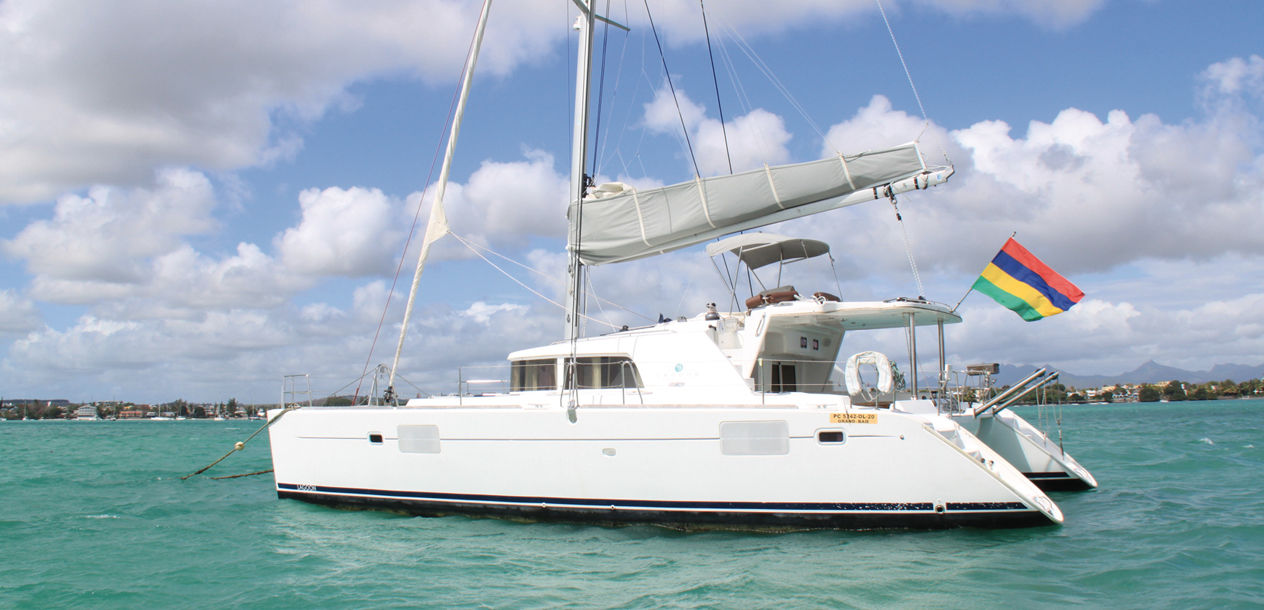 A catamaran proudly flying the flag of Mauritius…