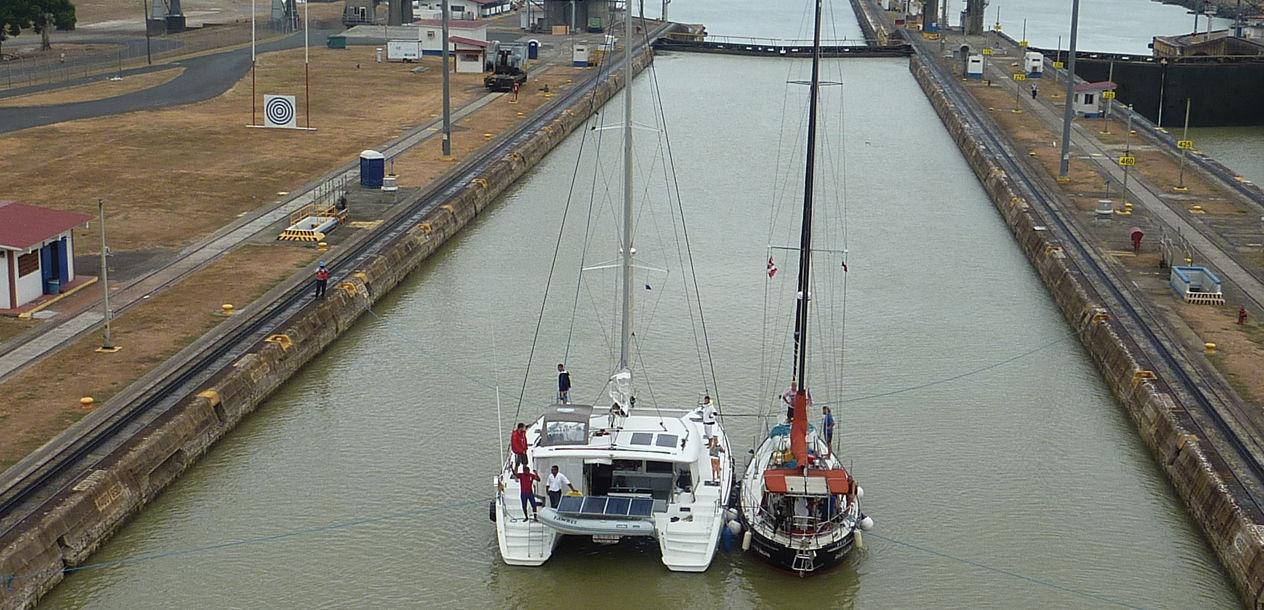 A catamaran transiting the Panama Canal. Multihulls are much more numerous when you get into the Pacific... real cruising boats!