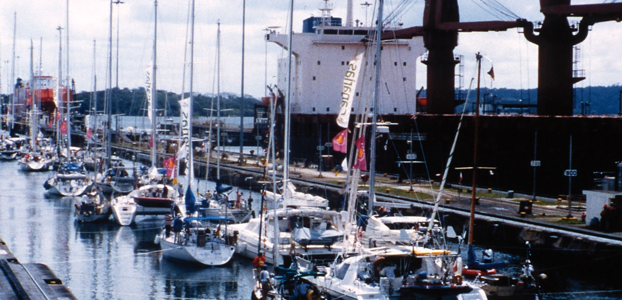 A round-the-world rally fleet transiting Panama.  Again, we see an impressive number of multihulls.