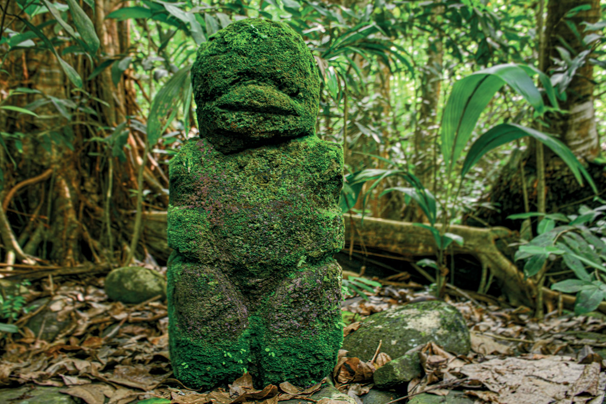 The Tikis, carved in wood or stone, symbolize the half-man, half-god ancestor who was the first man. This one is still standing; he was in charge of protecting the inhabitants of houses that no longer exist...