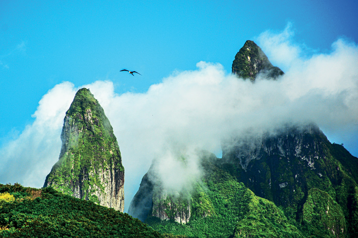 The particularly steep relief of the Marquesas is conducive to cloud formation; rainfall can locally reach 120 inches / 3,000 mm per year.