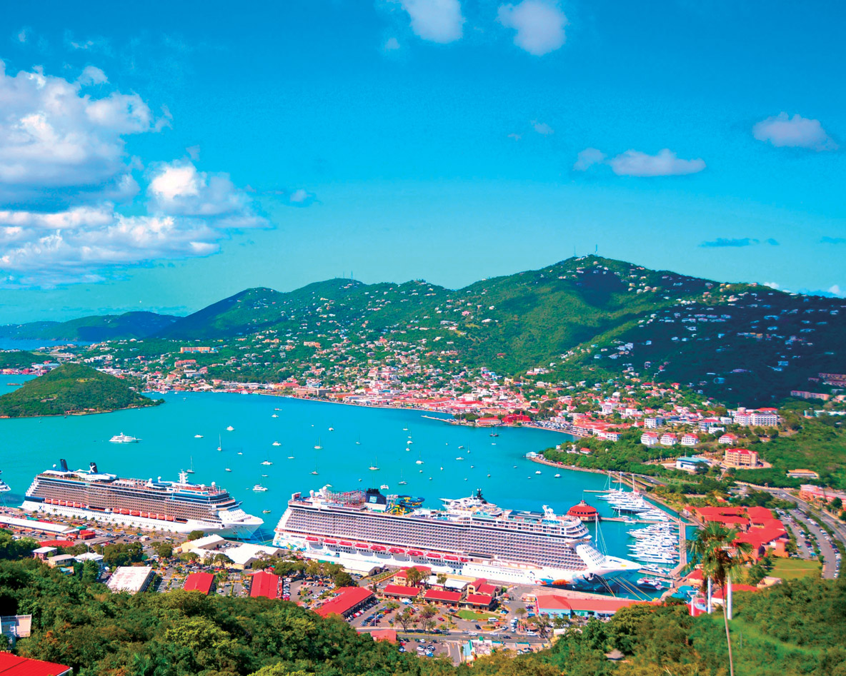 Charlotte Amalie Bay, the capital of  the USVI, offers a sheltered anchorage for the many multihulls passing through.