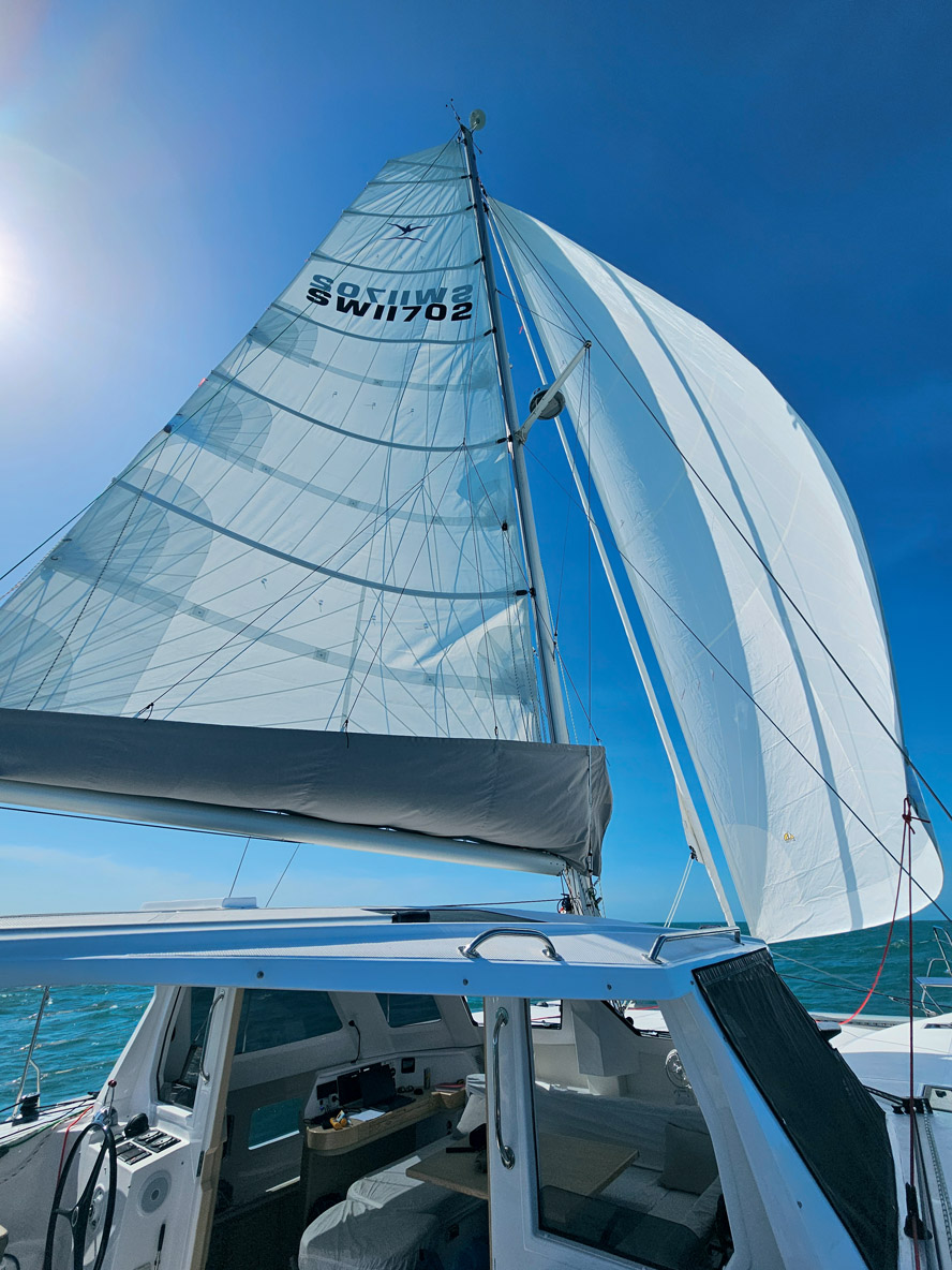 Code sails are ideally designed for a angle of 70° to 110° off the wind... but there’s nothing to stop them being used downwind, goose-winged with the mainsail.