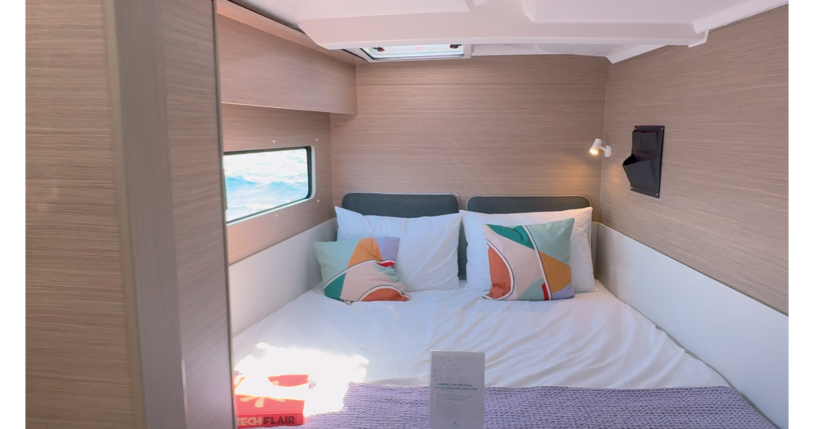 What stands out about the owner’s cabin? The traditional aft bunk has been moved forward...
