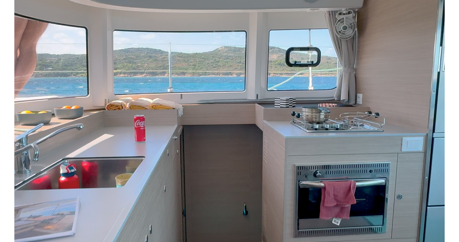 The galley offers an astonishing amount of workspace for a catamaran of only 38 feet.