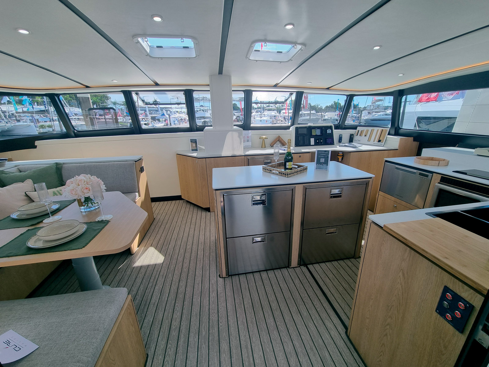 For offshore work, the comfy saloon is fully fitted for cruising, with lightweight carbon composite furniture, representing an excellent choice.