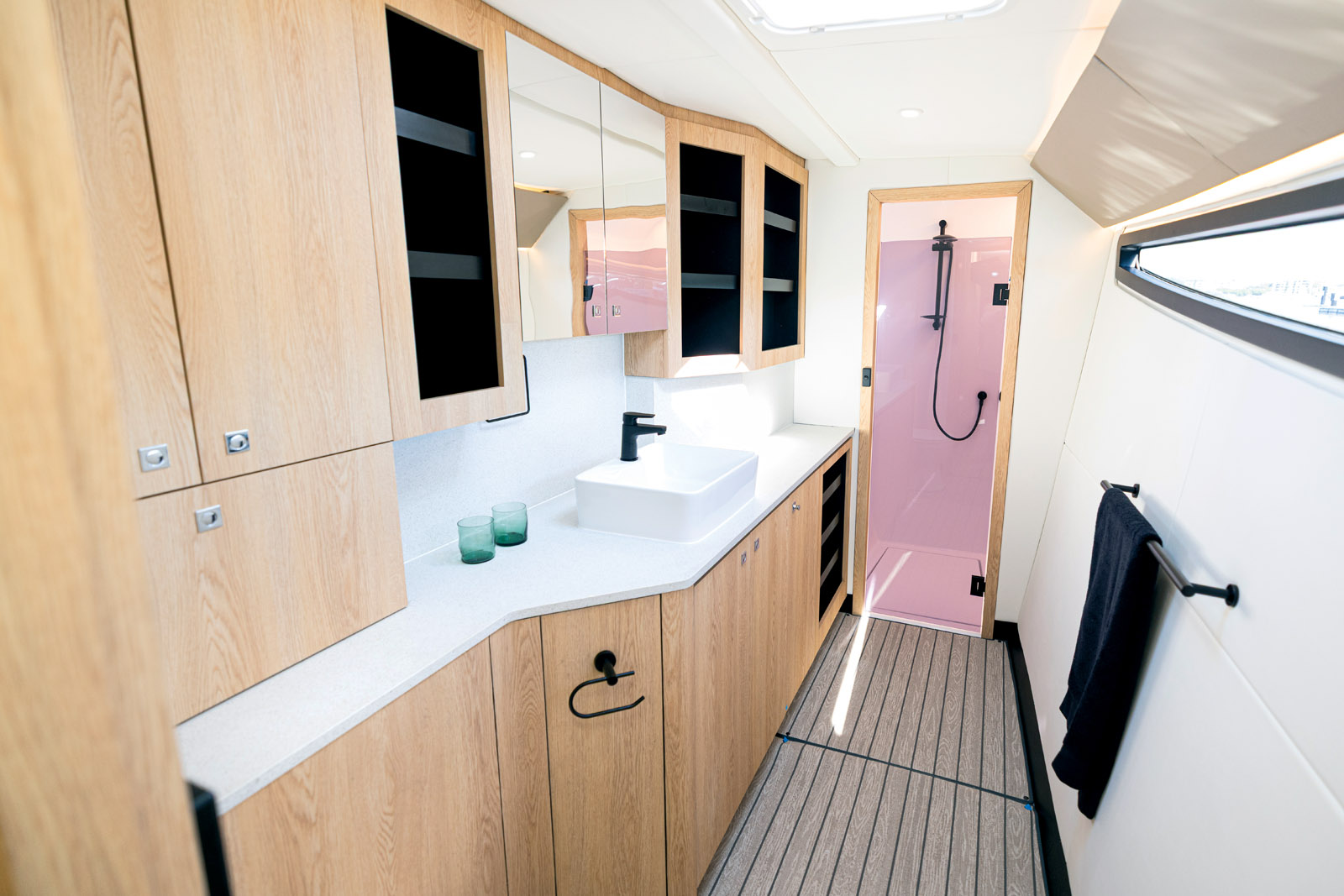 A generous volume is devoted to the owner’s bathroom, with electric head and large shower cubicle forward.