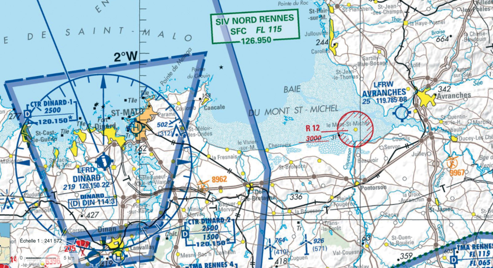 ICAO (International Civil Aviation Organization) maps – here the one for Mont-Saint-Michel Bay in France –  show all prohibited or restricted areas. 